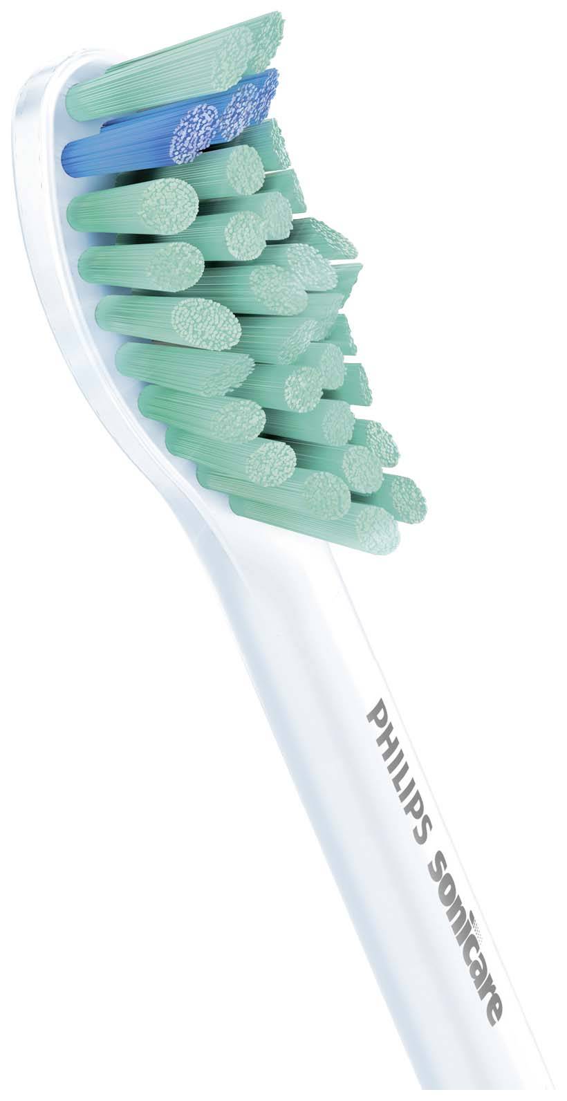 Elektrische Zahnbürstenkopf mit grünen und blauen Borsten, seitliche Ansicht, Markenname 'PHILIPS sonicare' auf dem weißen Griff.