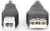Zwei USB-Stecker: links ein quadratischer USB-B-Stecker, rechts ein rechteckiger USB-A-Stecker, beide mit schwarzen Kabeln.
