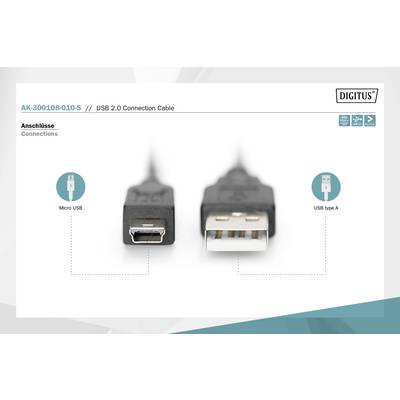 USB 2.0 Verbindungskabel, AK-300108-010-S. Anschlüsse: Micro USB und USB Typ A. Geeignet für Gerätekompatibilität mit USB-Anschlüssen.