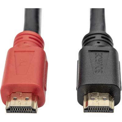Zwei HDMI-Kabelstecker, links rot mit 'AT' Aufschrift, rechts schwarz mit 'SOURCE' Aufschrift, beide mit goldenen Anschlüssen.