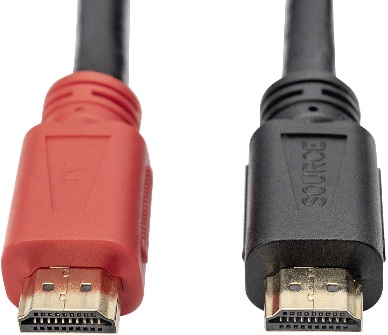 Zwei HDMI-Kabel, eines mit rotem und eines mit schwarzem Stecker. Beide haben goldene Kontakte für digitale Video- und Audioverbindungen.