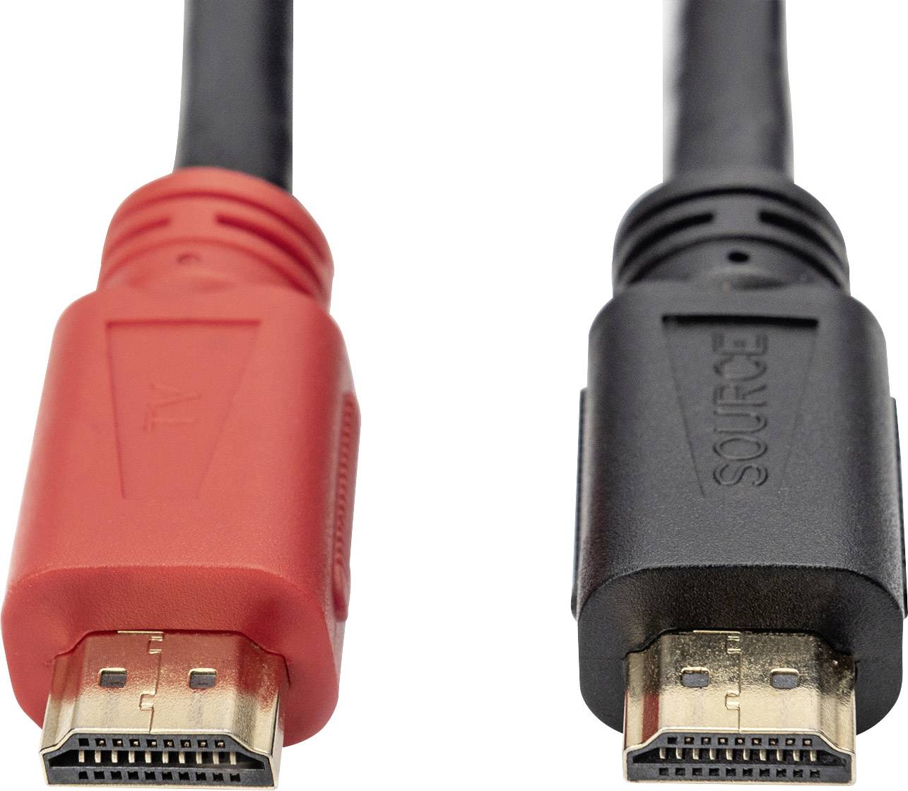 Zwei HDMI-Kabel, eines mit rotem Stecker und die Aufschrift 'A1', das andere mit schwarzem Stecker und der Aufschrift 'SOURCE'.
