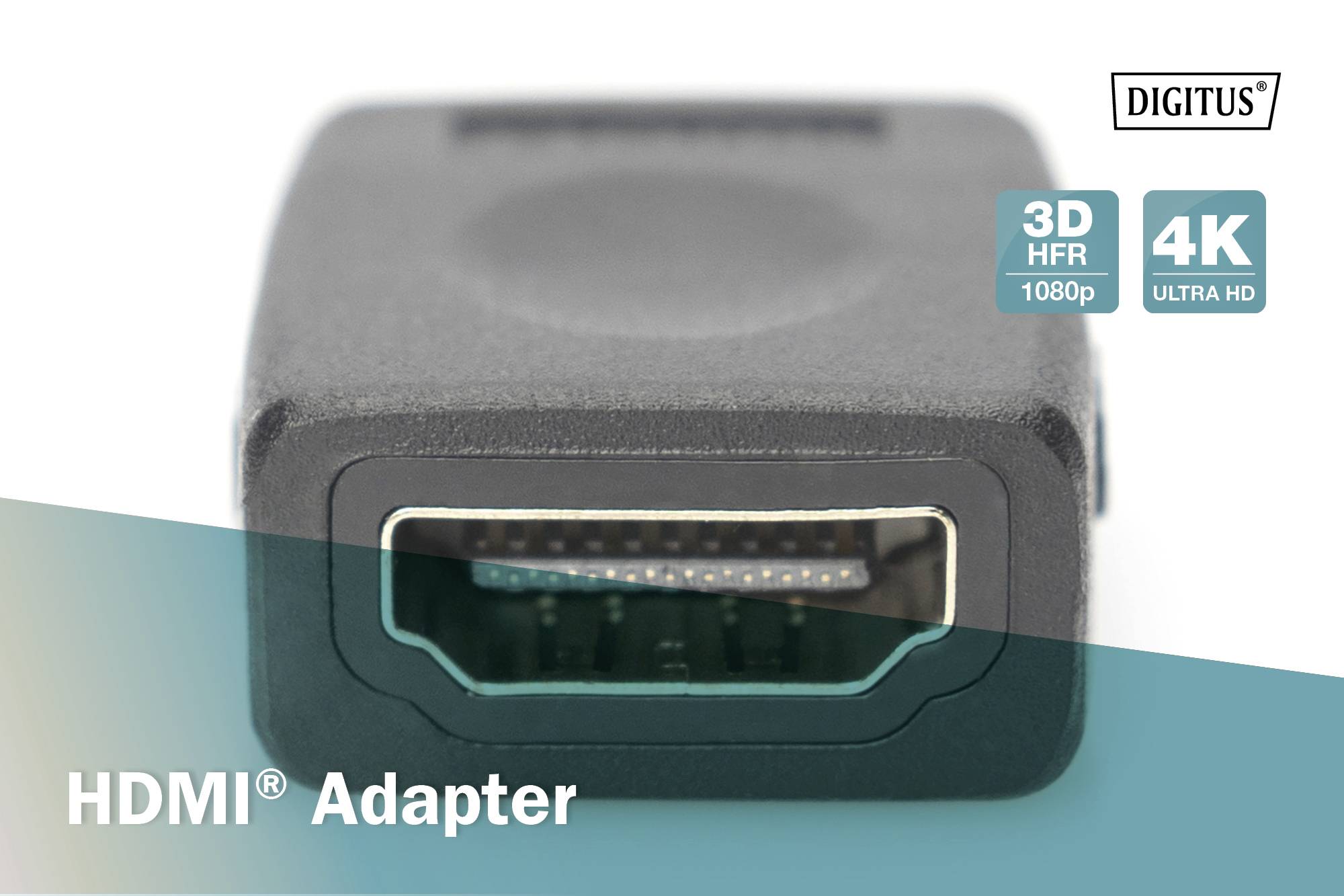 'HDMI Adapter' auf einem Bild. Der Adapter unterstützt 3D HFR 1080p und 4K Ultra HD. Markennamen im Bild: 'DIGITUS'.