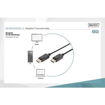 Beispielbild zeigt einen DisplayPort-Verbindungskabel zwischen Monitor, PC und Notebook. Oben rechts: 'DIGITUS', 'Full HD'.