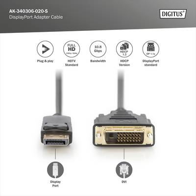 'DisplayPort-zu-DVI-Adapterkabel' mit Steckern abgebildet. Unterstützt FULL HD, 10,8 Gbps und HDTV-Standard. Markenname 'DIGITUS'.