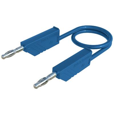 Blaues Kabel mit zwei Bananassteckern an den Enden. Geeignet für elektrische Verbindungen und Laboranwendungen.