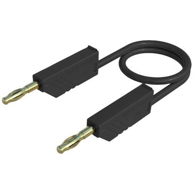 Ein schwarzes Audiokabel mit zwei vergoldeten Steckern, die Bananenstecker ähneln, in U-Form gelegt.