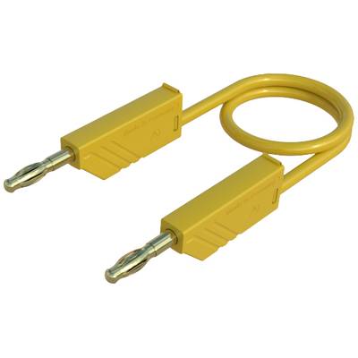 Gelbes Testkabel mit zwei Bananensteckern, Inschrift 'Made in Germany'. Geeignet für elektrische Messgeräte und Prüfungen.