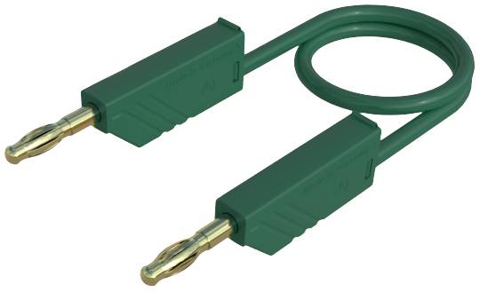 Grünes Kabel mit zwei goldenen Gehäuseverbindern an den Enden. Der Draht ist in einer Schleife angeordnet.