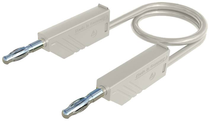 Zwei graue Bananenstecker mit geformten Griffen und einer gebogenen Kabelverbindung; Aufschrift 'Knick In Germany'.