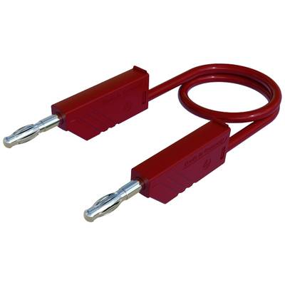 Rotes Lautsprecherkabel mit zwei Bananensteckern, gewellt gelegt. Kabel bietet sichere und stabile Verbindung für Audiosysteme.