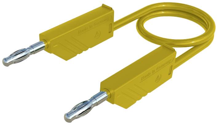 Ein gelbes, elektrisches Kabel mit zwei Steckern. Auf den Steckern steht 'Made in Germany'. Das Kabel ist für Verbindungen in elektronischen Geräten geeignet.
