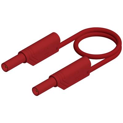 Rotes Kabel mit zwei Bananensteckern, die miteinander verbunden sind. Geeignet zum Verbinden von elektrischen Geräten.