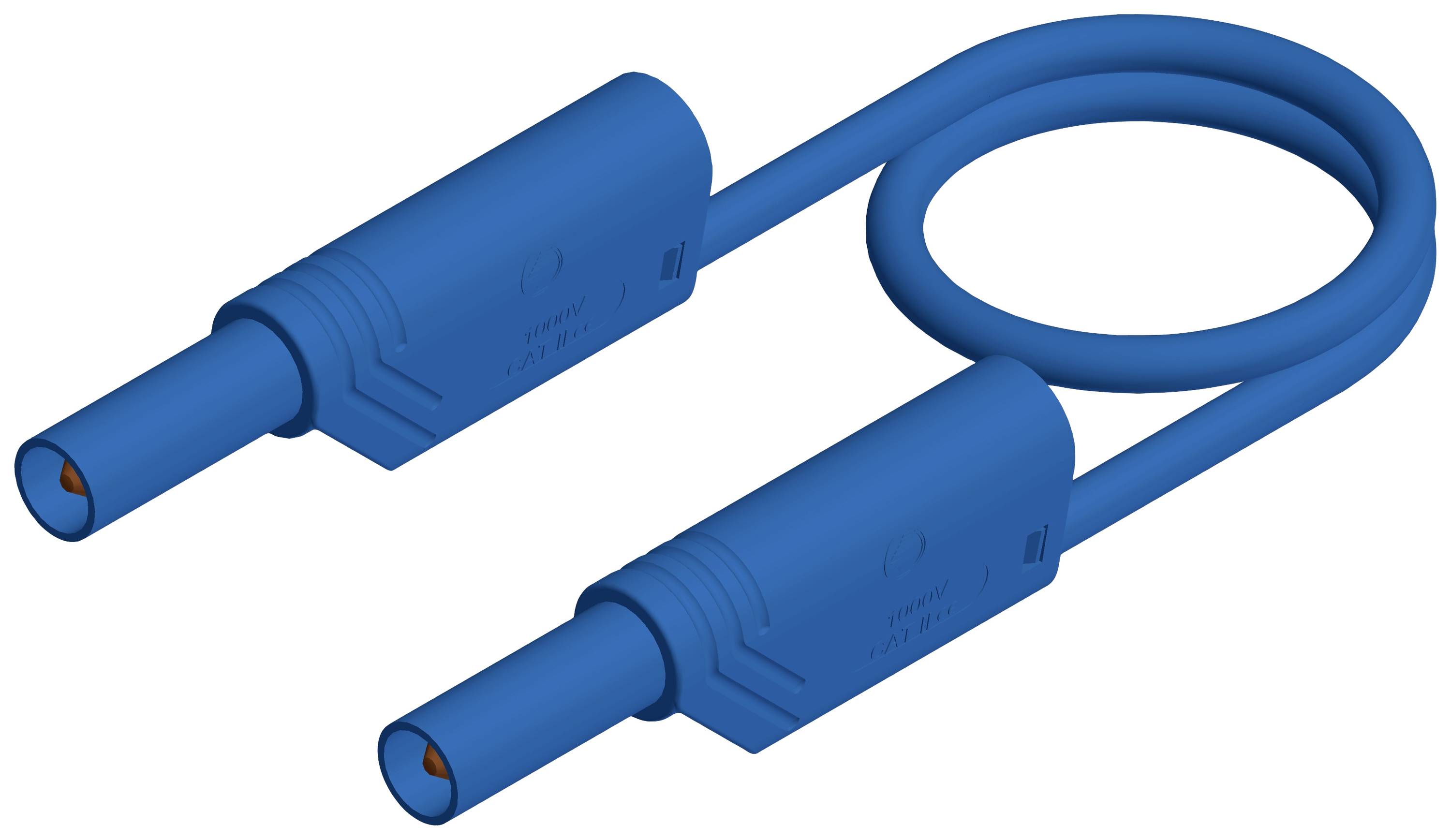 Ein blauer elektrischer Messleitungskabel mit zwei identischen Steckern, geeignet für die Verbindung von Messgeräten.