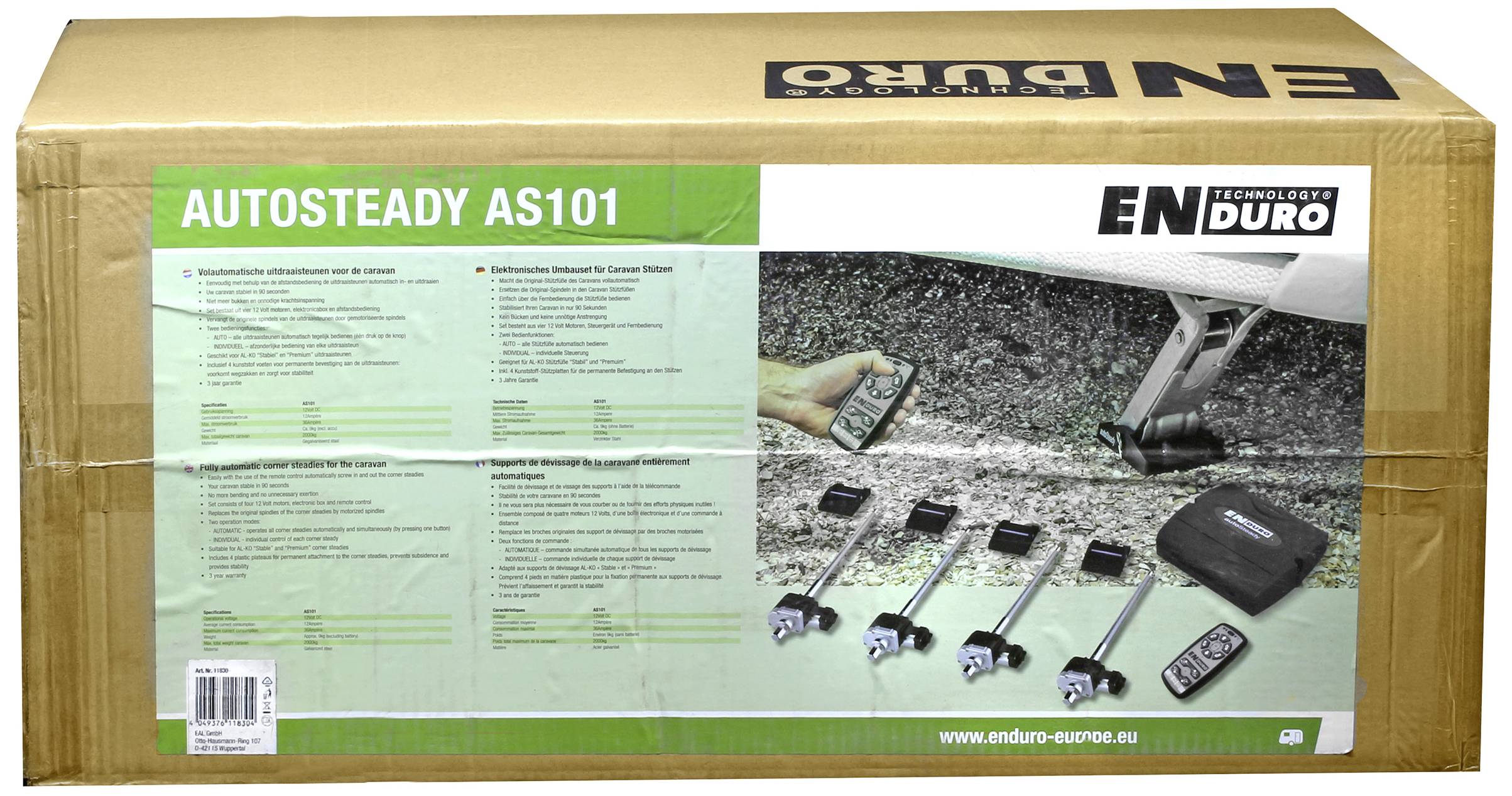 Paket mit 'AUTOSTEADY AS101'-Produkt, zeigt Zubehör wie Stützen und Steuergerät. Fokus liegt auf Stabilisierung für Fahrzeuge.