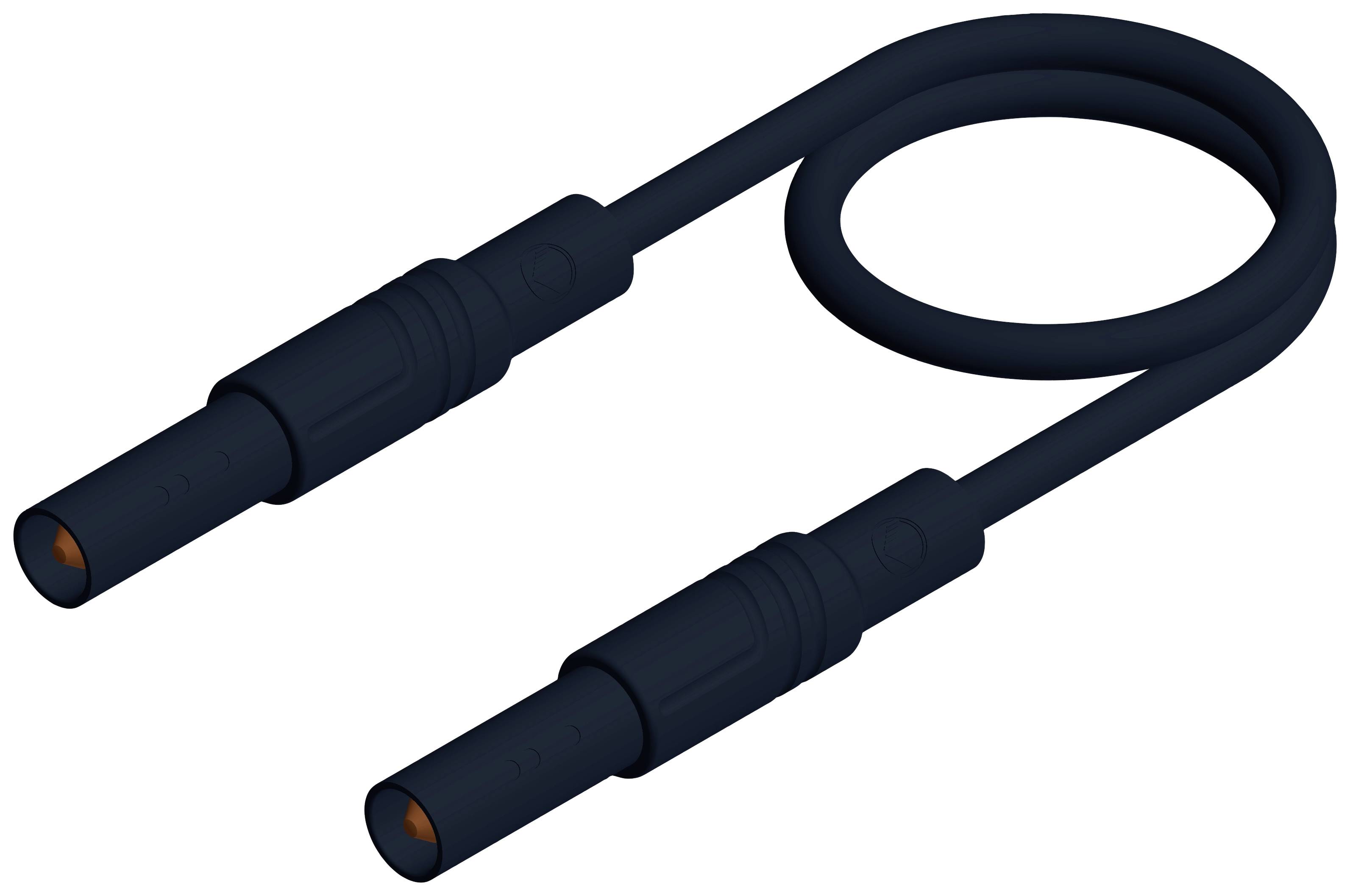 Schwarzes, gebogenes Kabel mit zwei Steckern an den Enden. Verwendet für elektronische Verbindungen.