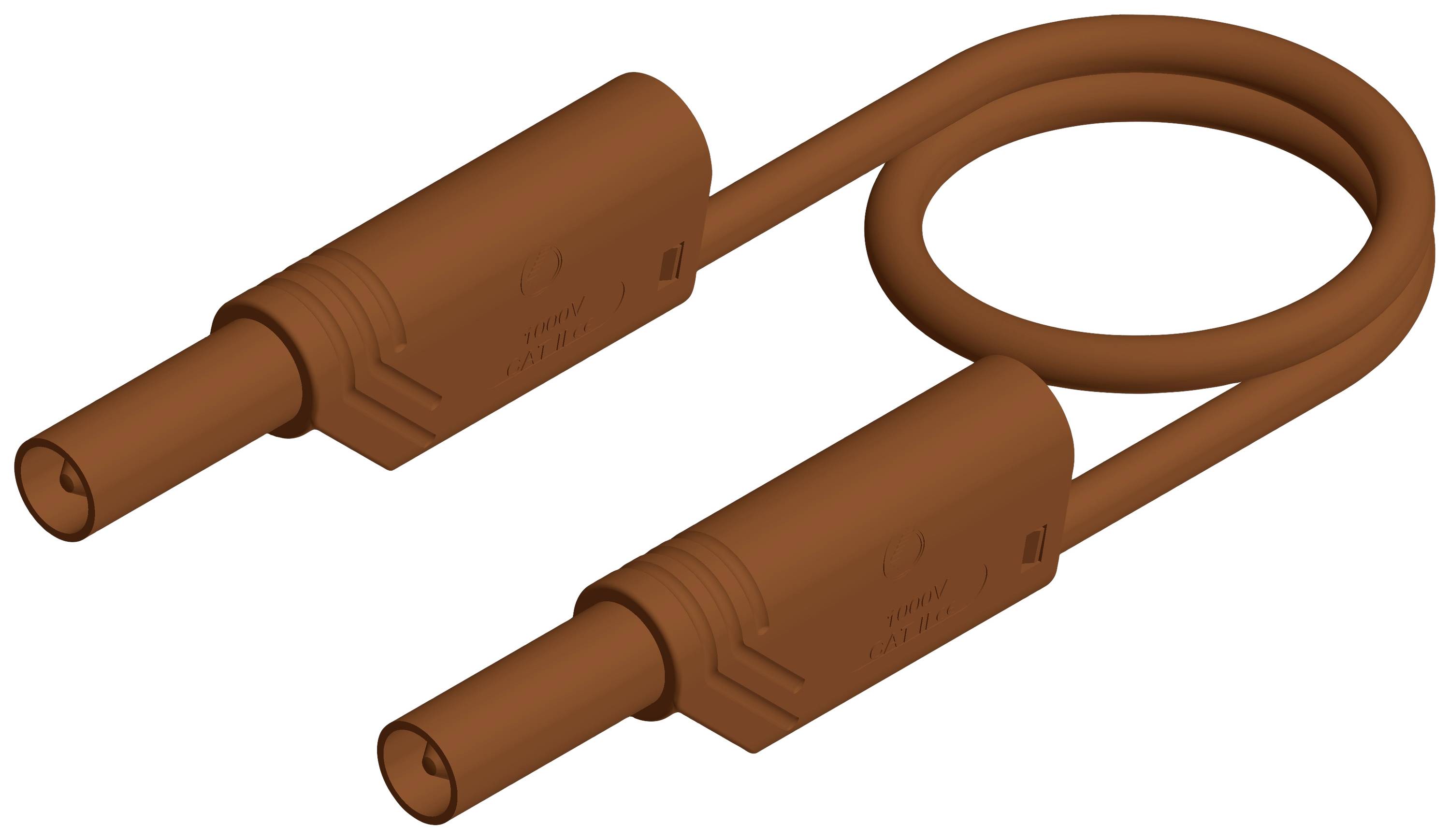 Braunes 4mm Labor-Sicherheitskabel mit zwei isolierten Steckern, geeignet zur Verbindung elektrischer Geräte unter Einhaltung von Sicherheitsstandards.