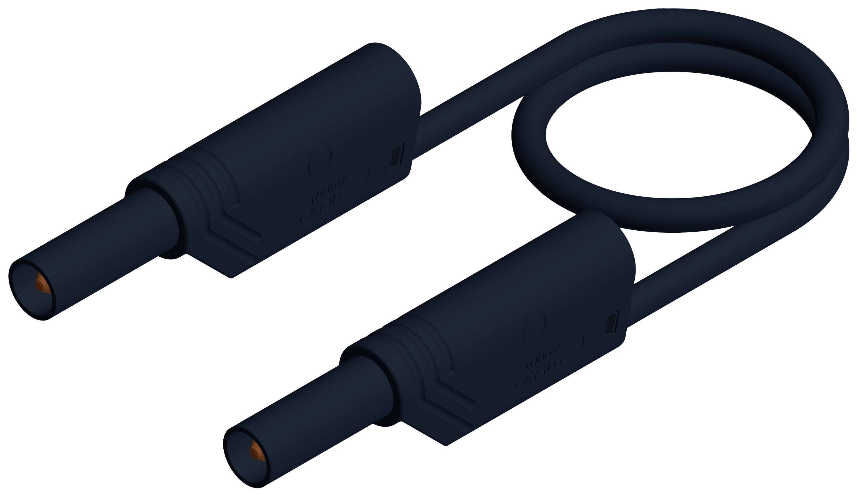 Ein schwarzes Kabel mit zwei identischen Steckern an den Enden, die für elektrische Verbindungen verwendet werden könnten.