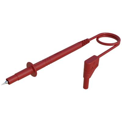 Rotes Prüf- und Messelement mit stromführender Spitze und gekrümmtem Kabel, verwendet in der Elektronik zur Spannungsmessung.