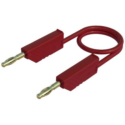 Ein rotes Audiokabel mit zwei vergoldeten Bananensteckern an beiden Enden, zur Übertragung von Audiosignalen.