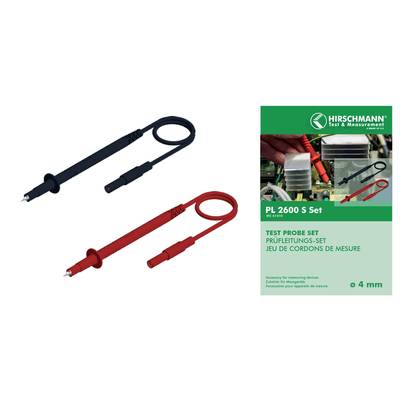 Testkabelset 'PL 2600 S Set' von HIRSCHMANN mit einem schwarzen und einem roten Prüfleitungskabel. Verpackung zeigt Anwendungsbeispiel.