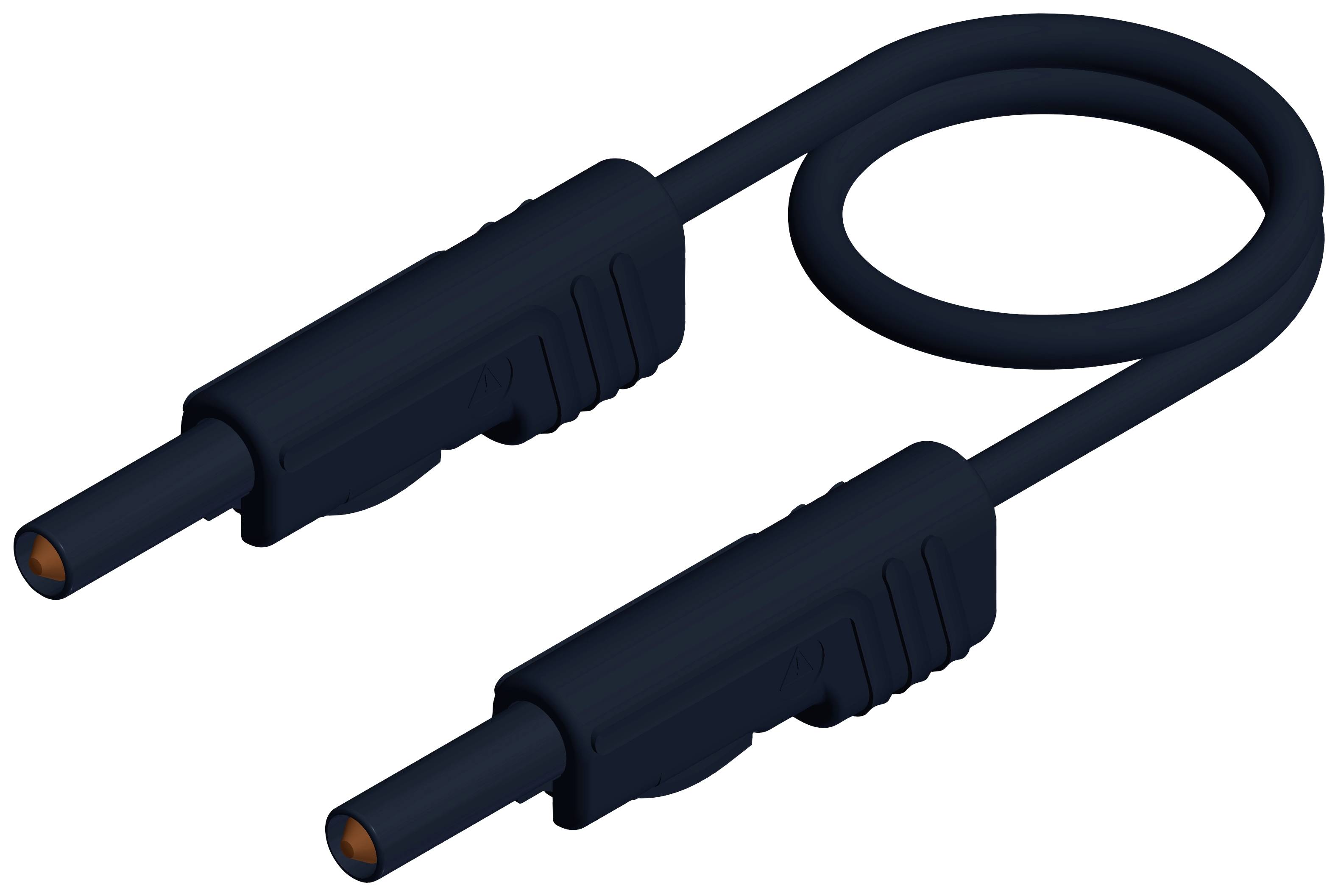 Zwei schwarze Kabel mit Steckern an beiden Enden, in einer Schleifenform gelegt. Geeignet für elektrische Verbindungen.