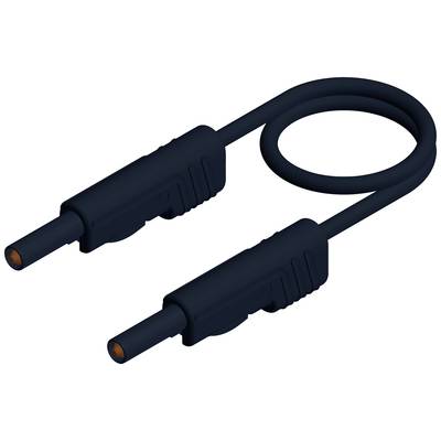 Zwei schwarze Kabel mit Steckern an beiden Enden, in einer Schleifenform gelegt. Geeignet für elektrische Verbindungen.