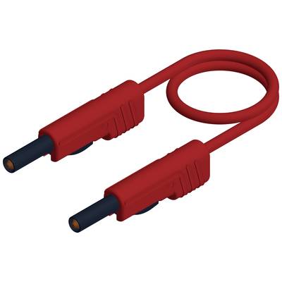 Rotes Messleitungskabel mit zwei Steckverbindern, das in einer Schleife angeordnet ist. Geeignet für elektrische Messungen.