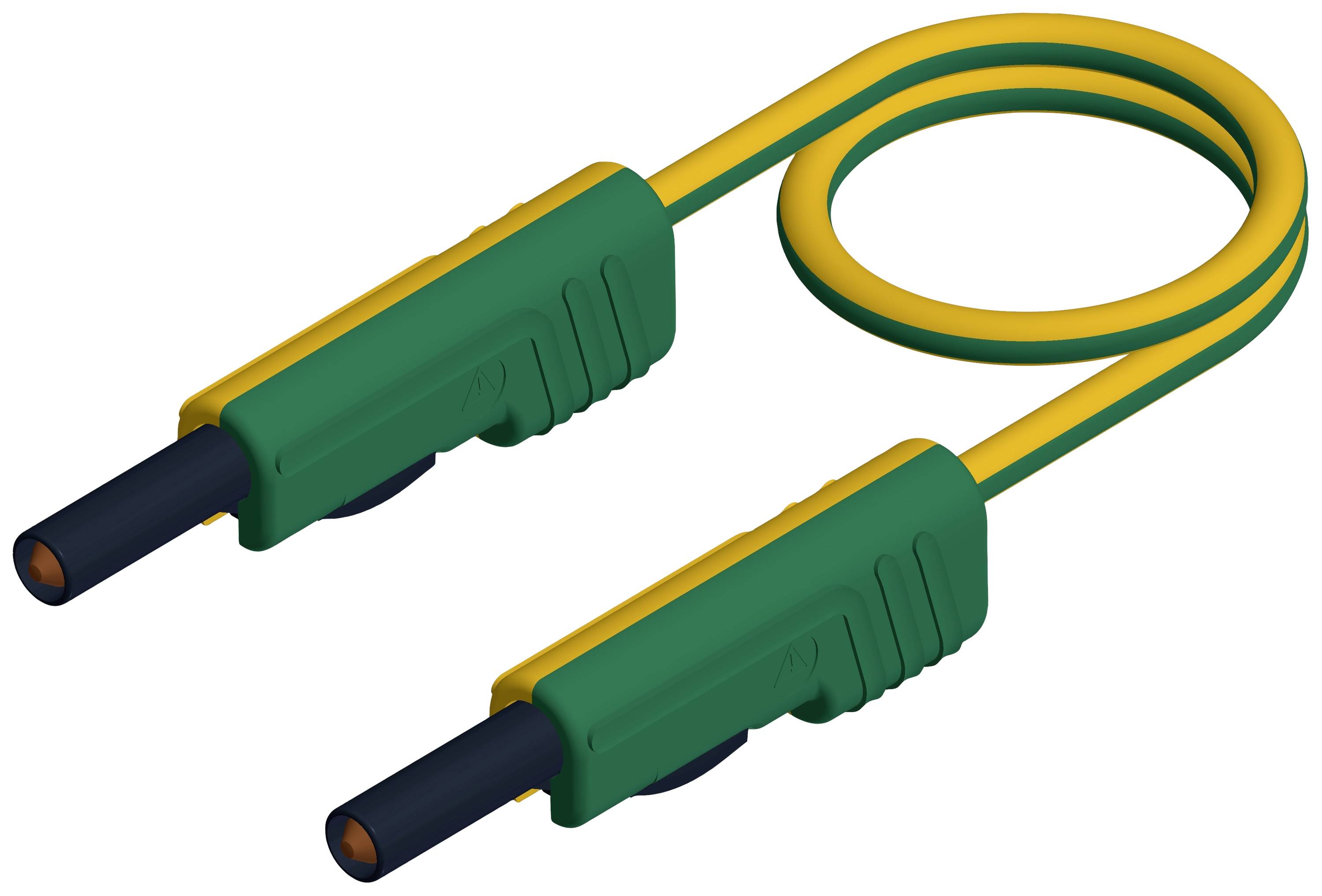 Ein gelb-grünes Kabel mit zwei schwarzen Steckern an den Enden, symbolisiert elektrische Verbindung oder Datenkabel.