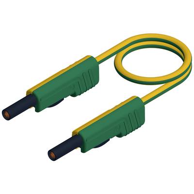 Ein gelb-grünes Kabel mit zwei schwarzen Steckern an den Enden, symbolisiert elektrische Verbindung oder Datenkabel.