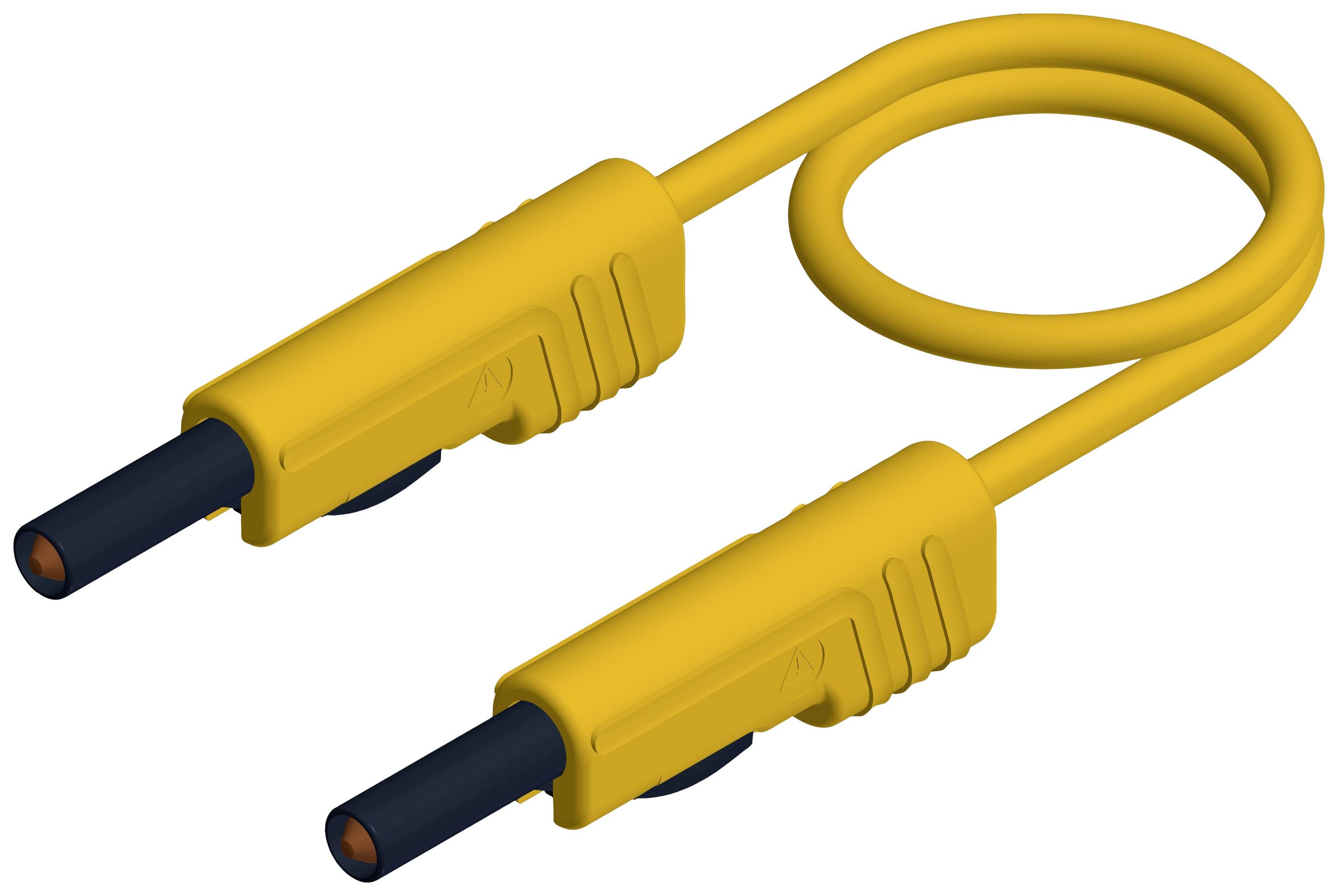 Zwei gelbe symmetrische elektronische Kabel mit schwarzen Enden und gewölbter Verbindung in der Mitte, auf weißem Hintergrund.