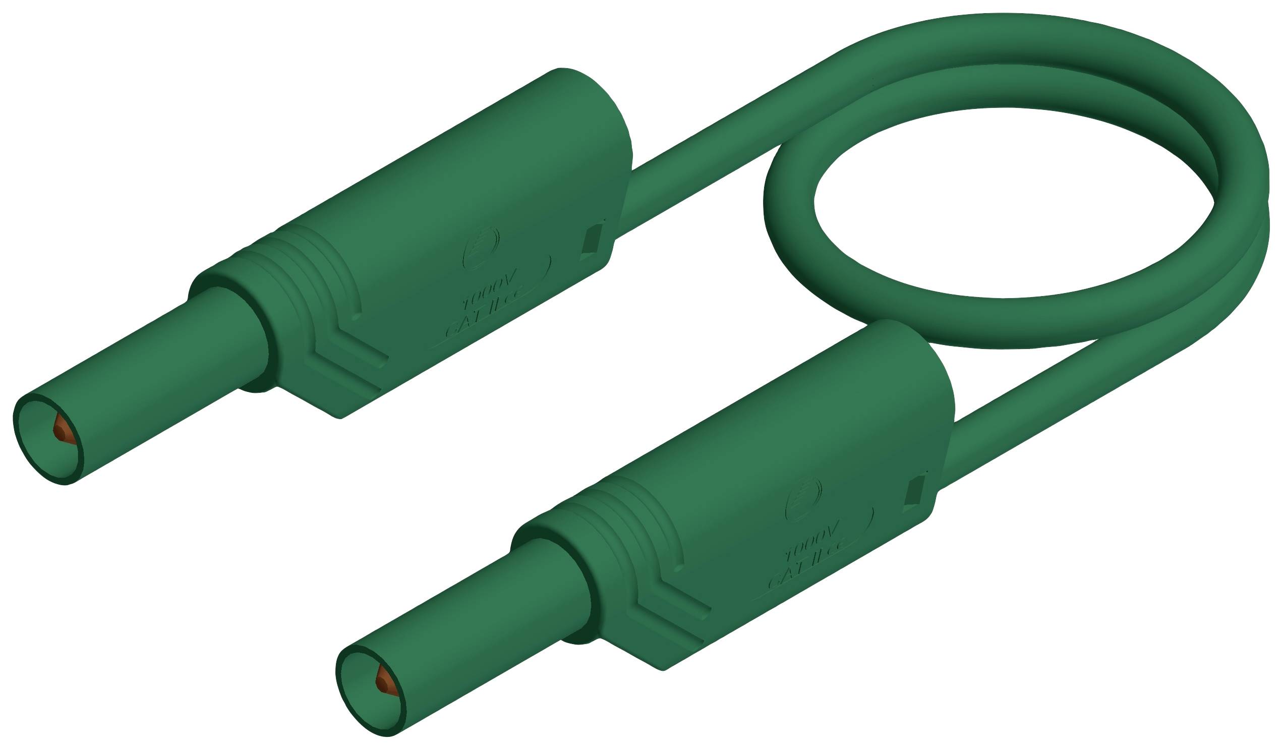 Grünes Verlängerungskabel mit zwei Steckern, verbunden durch ein flexibles Kabel, auf weißem Hintergrund.