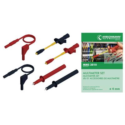 Multimeter-Set bestehend aus verschiedenen Prüfspitzen und Kabeln in Rot und Schwarz, verpackt in einer grünen Schachtel von Hirschmann.