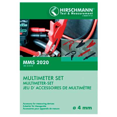 Umschlag des Hirschmann 'Test & Measurement' MMS 2020 Multimeter-Zubehärsatzes mit Messleitungen und Klemmen, mit 4-mm-Anschlussgröße.