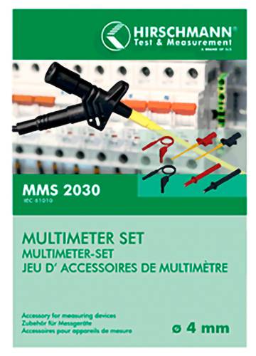 Produktverpackung für Hirschmann Test & Measurement MMS 2030 Multimeter-Set mit Messleitungen und 4-mm-Zubehör.