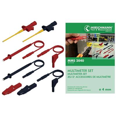 Multimeter-Set von Hirschmann gezeigt, verschiedene farbige Prüfspitzen und Krokodilklemmen, geeignet für 4 mm Anschlüsse.