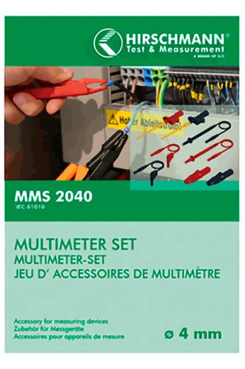 Produktverpackung für Hirschmann Test & Measurement MMS 2040 Multimeter-Set mit Messleitungen und Zubehör mit 4-mm-Steckverbindern.