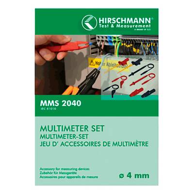 Produktverpackung für Hirschmann Test & Measurement MMS 2040 Multimeter-Set mit Messleitungen und Zubehör mit 4-mm-Steckverbindern.