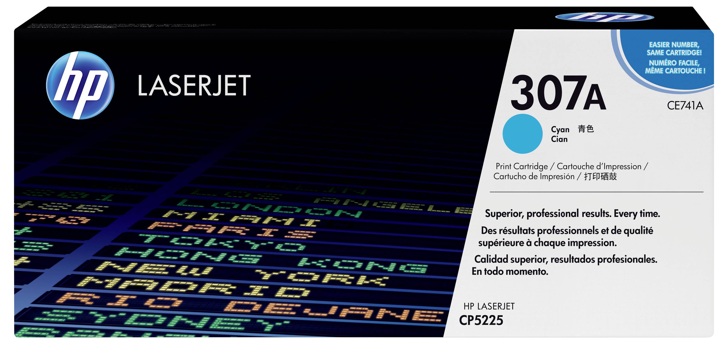HP LaserJet 307A Cyan Tonerpatrone, mit prominenter Anzeige von "307A" und "Cyan" sowie kompatiblem Druckermodell CE741A.