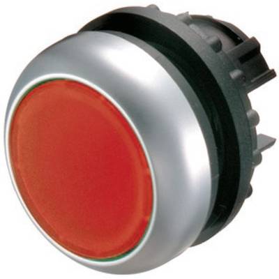Ein großer, runder, roter Knopf mit silbernem Rand, oft verwendet als Notaus- oder Stoppknopf in industriellen Maschinen.
