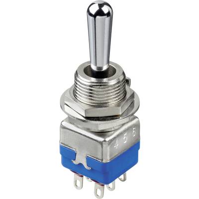 Ein Metalumschalter mit blauem Sockel und sechs Anschlüssen. Er wird häufig zur Steuerung elektronischer Geräte verwendet.