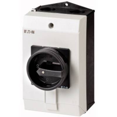 Ein elektrischer Hauptschalter in einem weißen Gehäuse mit schwarzem Drehschalter und Markenaufdruck oben links.
