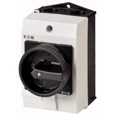 Weißer elektrischer Hauptschalter mit schwarzem Drehknopf und der Aufschrift 'Eaton'. Schalter steht auf der 'Aus'-Position.