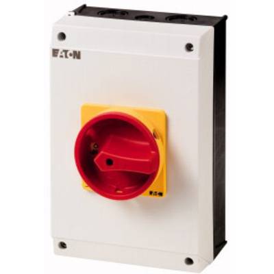 Ein Hauptschalter in einem Gehäuse, mit rotem Drehgriff und gelber Basis, zur Steuerung und Abschaltung elektrischer Anlagen.