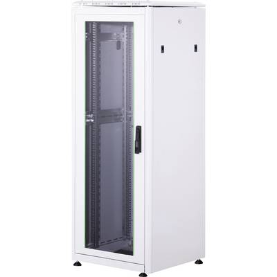 Ein weißer Server-Rack-Schrank mit Glastür und schwarzem Griff, geeignet zur Aufnahme von IT-Ausrüstung, steht aufrecht.
