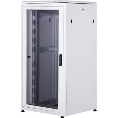 Ein weißes Server-Rack-Gehäuse mit Glastür, geeignet für die Unterbringung von Server- und Netzwerkausrüstung in einem Rechenzentrum.