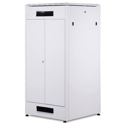 Weißer Metallschrank mit zwei Türen, geeignet zur Aufbewahrung von Werkzeugen oder technischen Materialien.