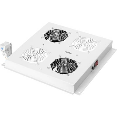 Eine quadratische Lüftungseinheit mit vier Ventilatoren und Schutzgittern, mit einem Schalter an der Seite zur Luftzirkulation.