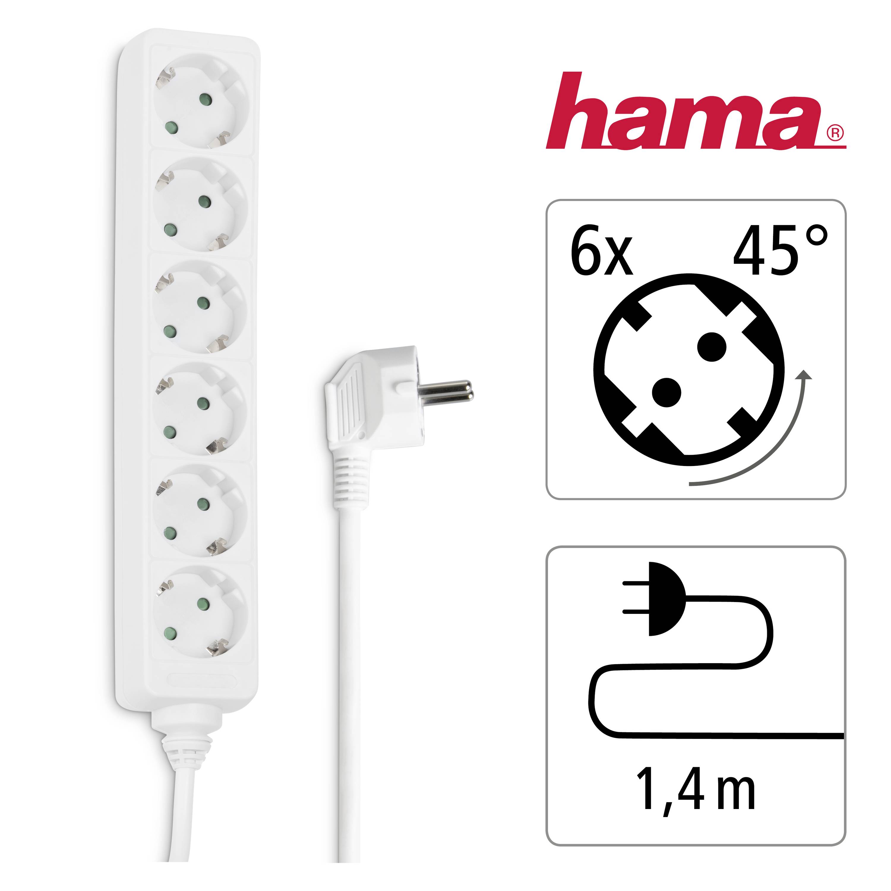 Steckdosenleiste mit sechs Steckplätzen, 45° Anordnung. Enthält auch Angaben über die Kabellänge von 1,4 Metern.