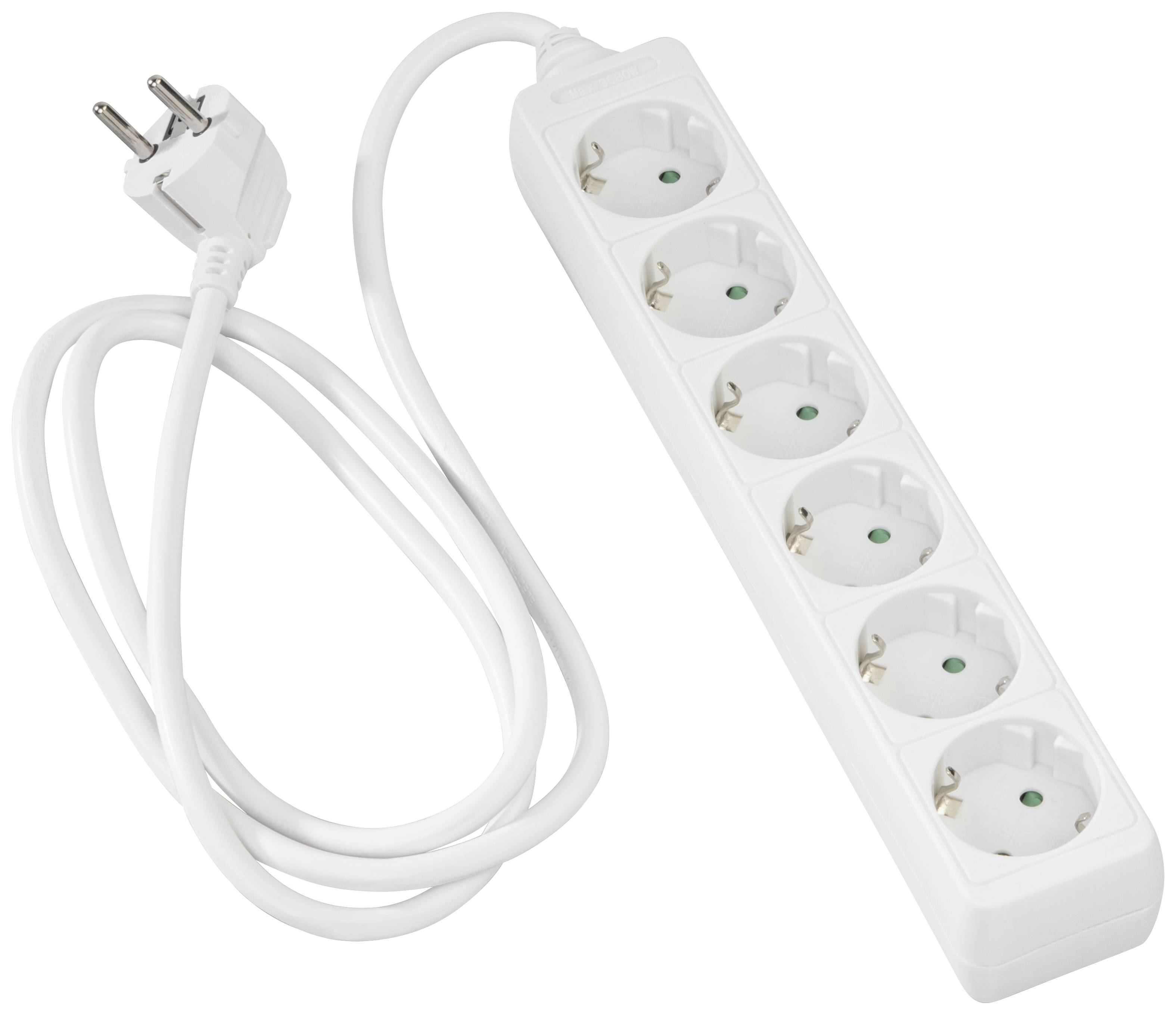Eine weiße Steckdosenleiste mit sechs Schuko-Anschlüssen und einem angeschlossenen Kabel.